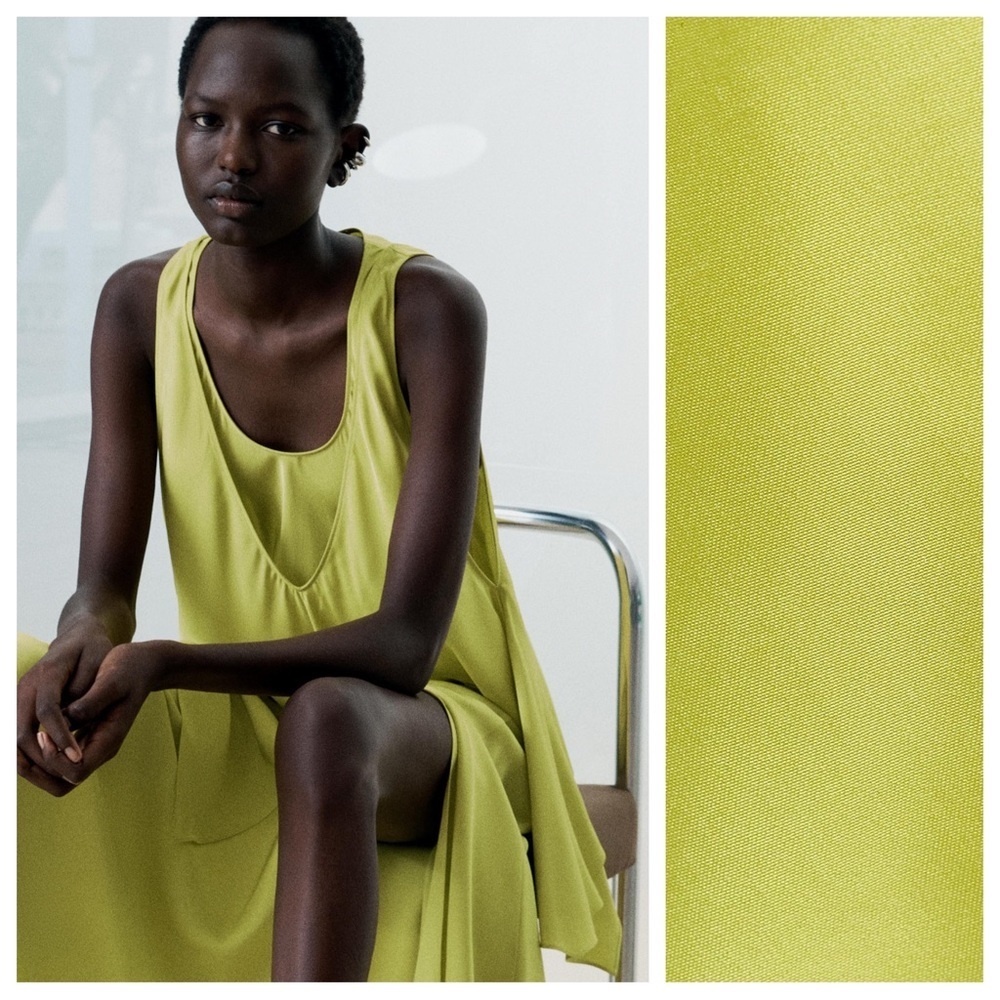 NWOT. Zara ZW Collection Lime Viscose Blend Long Dress with Cape. Size M.
